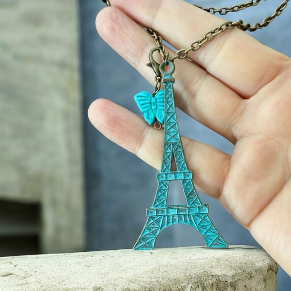 Vintage Jewelry - Bronze Patina Eiffel Tower Carved Turquoise Butterfly Pendant Necklace
